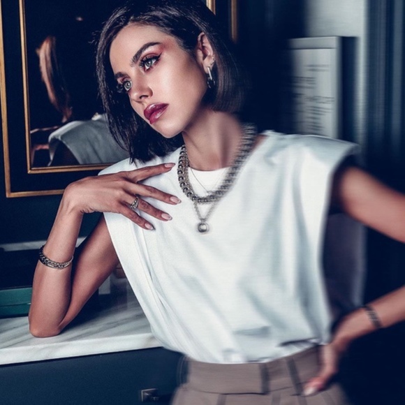 Cotton Padded Shoulders White Muscle Tee Shirt - Picture 2 of 15